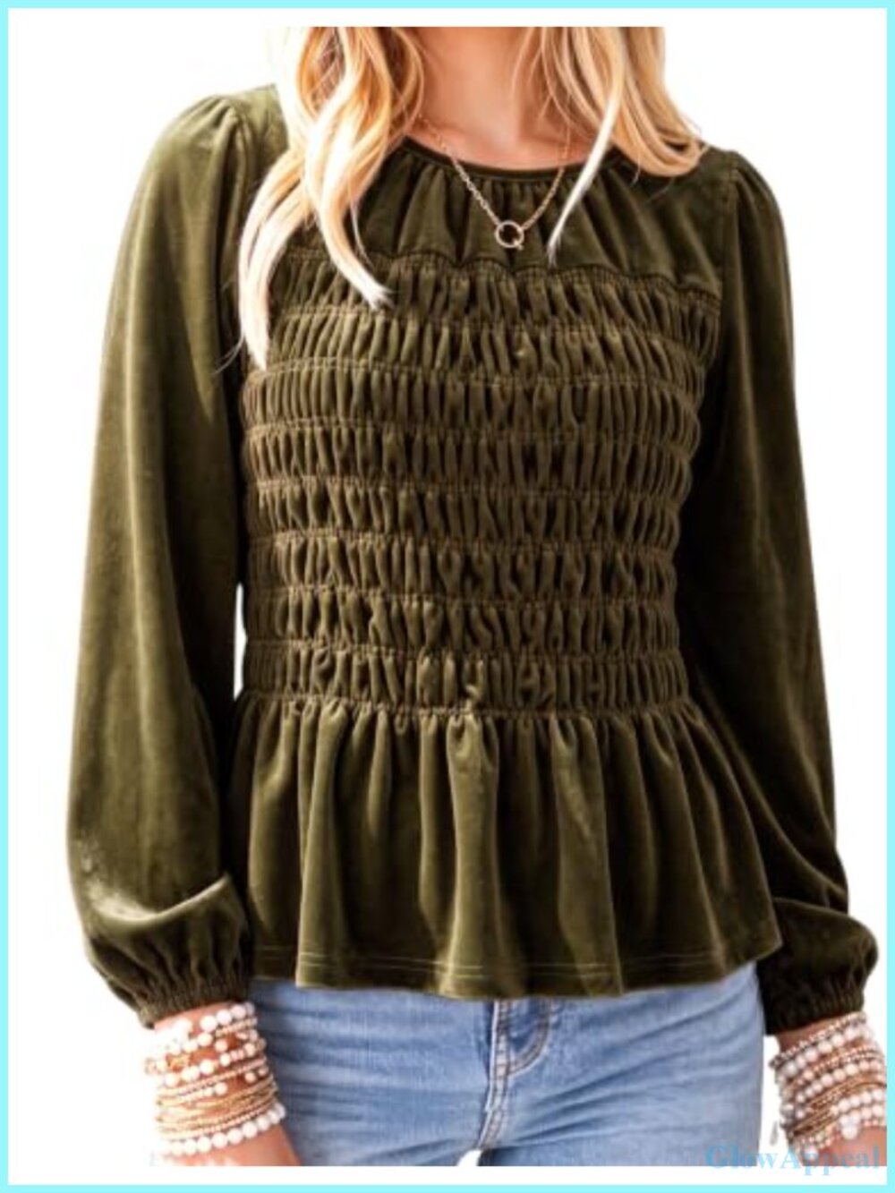 Velvet Puff Long Sleeve Peplum Blouse Smocked Babydoll Top